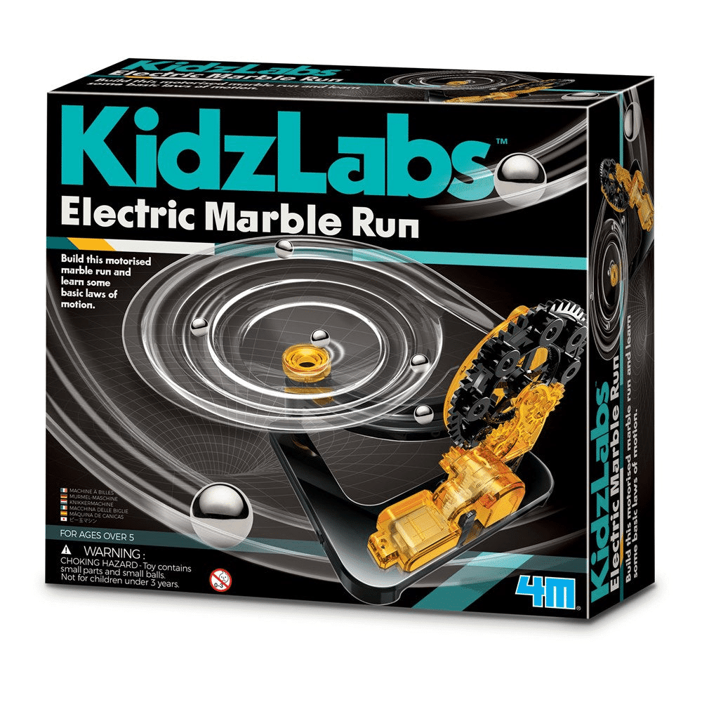 Electric marble run toy kit in box, black and teal with track and motor pieces