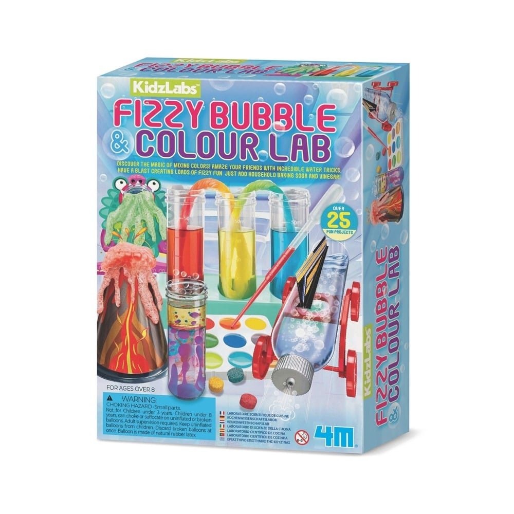 Kids bubble and colour lab science kit in retail box with colorful tubes and tools