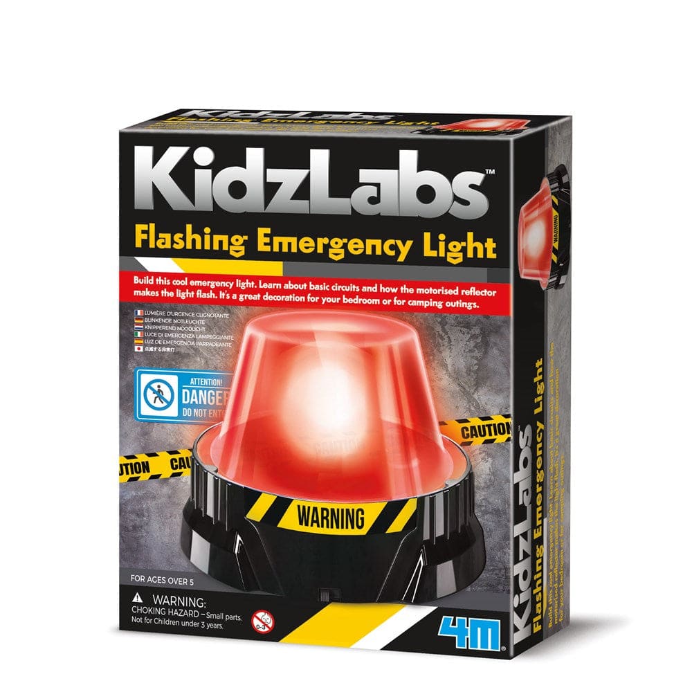 Flashing emergency light toy in retail box with red beacon and black base