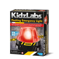 Flashing emergency light toy in retail box with red beacon and black base