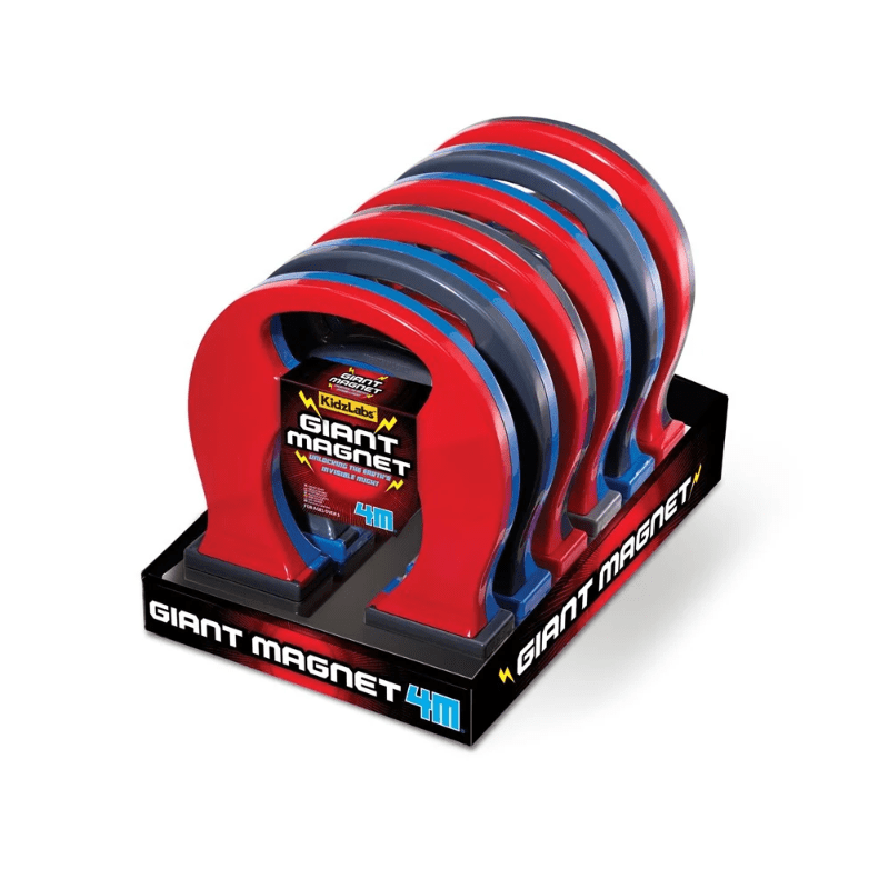 Red-and-blue giant magnet toy on a stand with magnetic poles