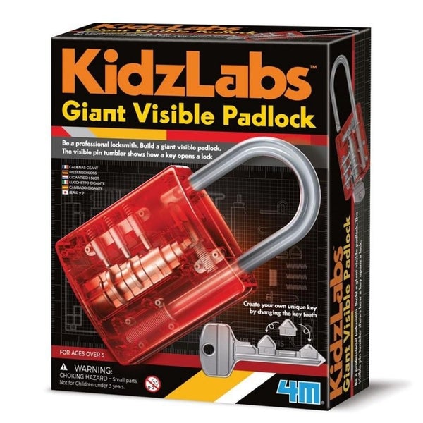 Giant visible padlock toy box with red transparent lock and grey shackle