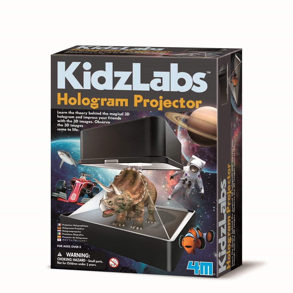 Hologram projector kit box with black projector and dinosaur hologram graphic