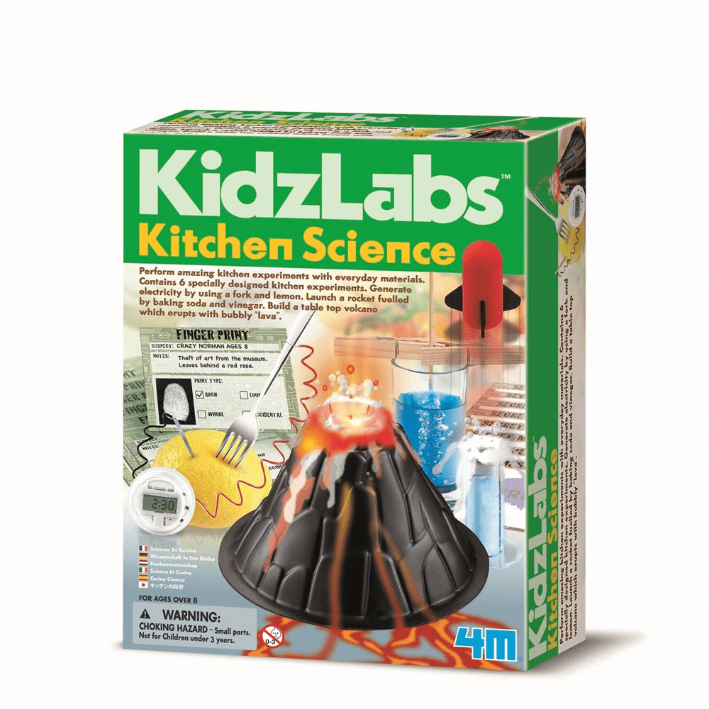 Kitchen science kit box with KidzLabs branding and black volcano model on display