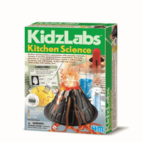 Kitchen science kit box with KidzLabs branding and black volcano model on display