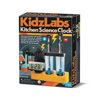 KidzLabs Kitchen Science Clock STEM kit box with product graphics and warning icons