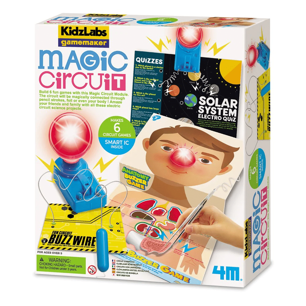 Kids solar system magic circuit game box with boy illustration and light bulb device