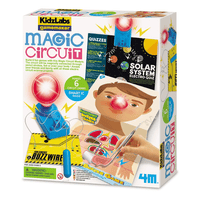 Kids solar system magic circuit game box with boy illustration and light bulb device