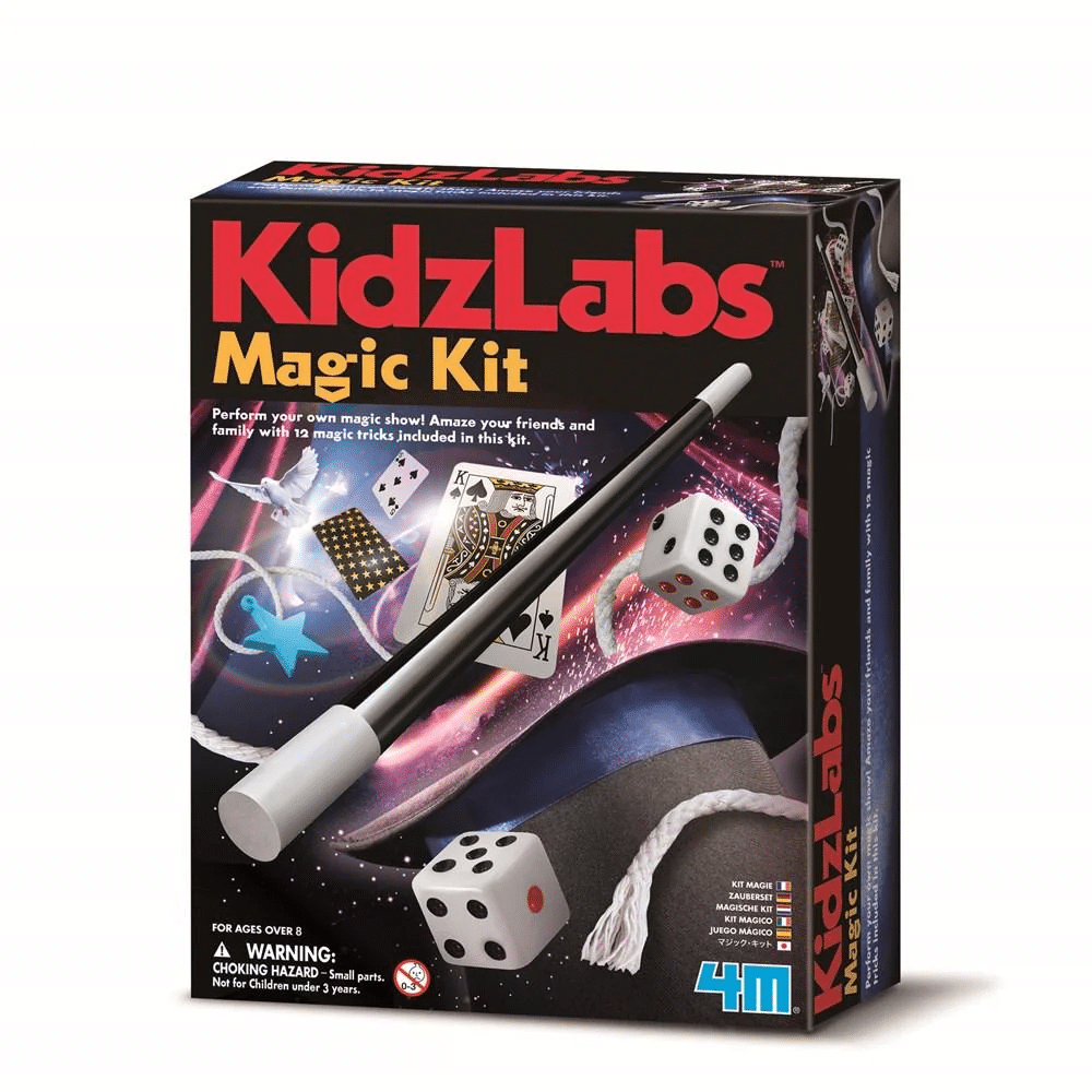 Magic kit box with wand-style tool and dice-themed materials