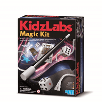 Magic kit box with wand-style tool and dice-themed materials