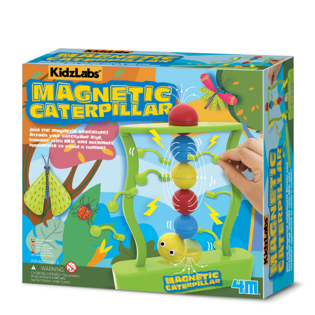 Magnetic caterpillar DIY science kit box with green base and colored pieces