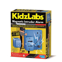 Magnetic intruder alarm kit box with KidzLabs branding and blue alarm components