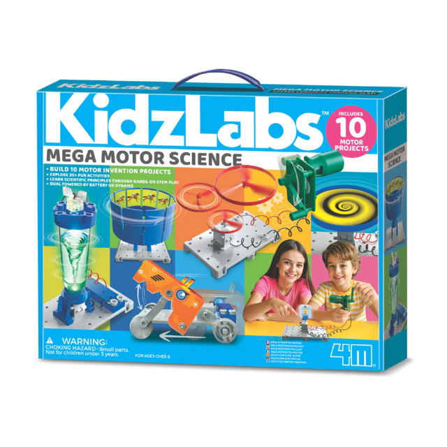 Motor science kit box for kids with turbine, propellers, and two children on front