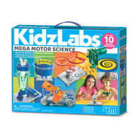 Motor science kit box for kids with turbine, propellers, and two children on front