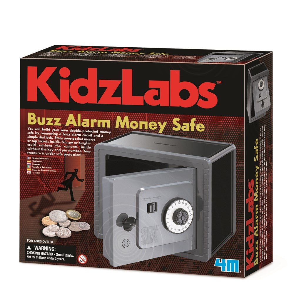 Kidzlabs Buzz Alarm Money Safe kit box with large red logo