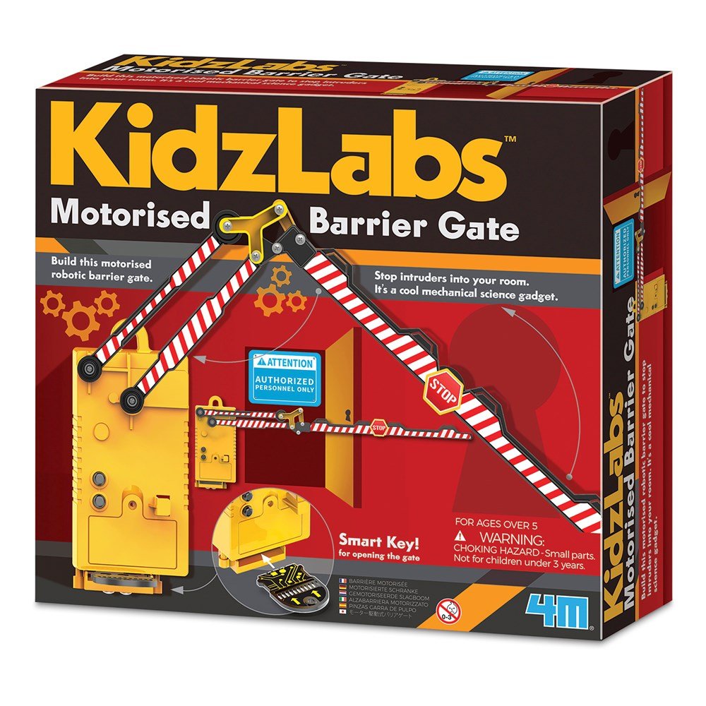 KidsLabs motorised barrier gate STEM kit box with diagram and yellow control panel