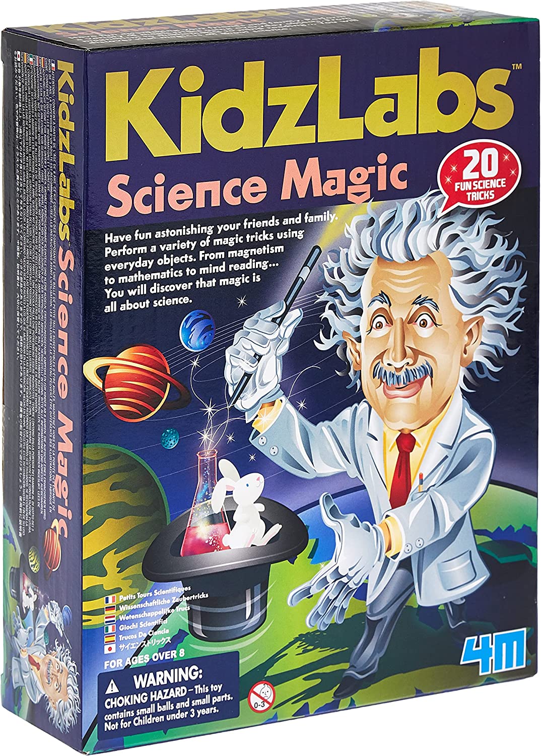 Science magic kit box with illustrated scientist on colorful cover art
