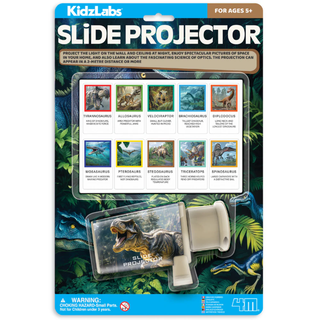 KidzLabs slide projector with dinosaur picture slides, for ages 5+ on carded box