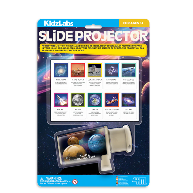 KidzLabs slide projector toy, space-themed packaged kit with cream projector