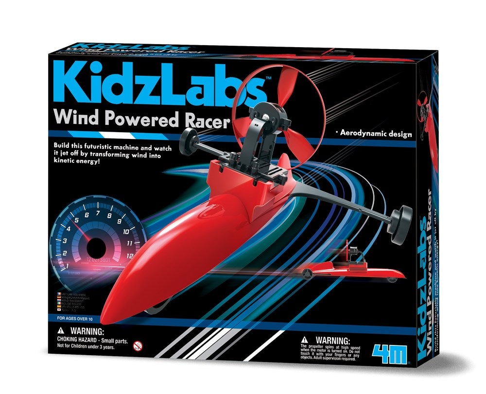 Kidzlabs wind-powered racer build kit, red and black model in retail box