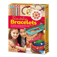 Friendship bracelet making kit with teal display stand and multicolor thread cords