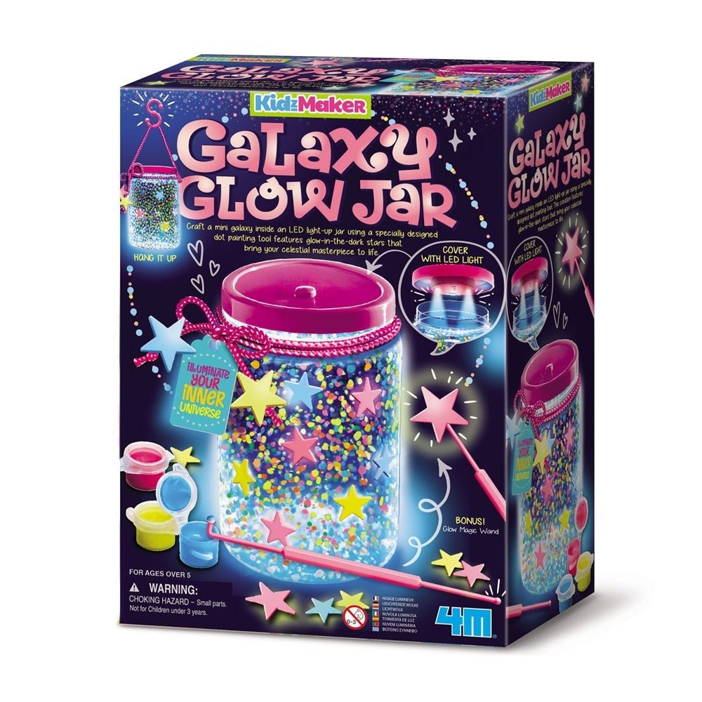 Galaxy Glow Jar DIY science kit box with starry galaxy graphics and pink jar