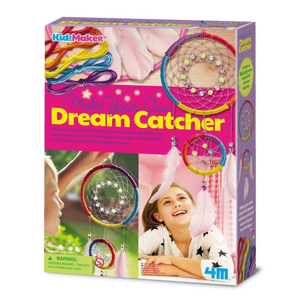 Dream catcher craft kit box with colorful hoops, feathers, and thread accessories
