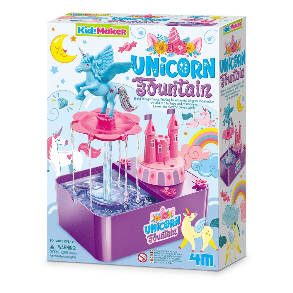 Unicorn fountain craft kit in box with blue unicorn figurine and pink fountain tiers