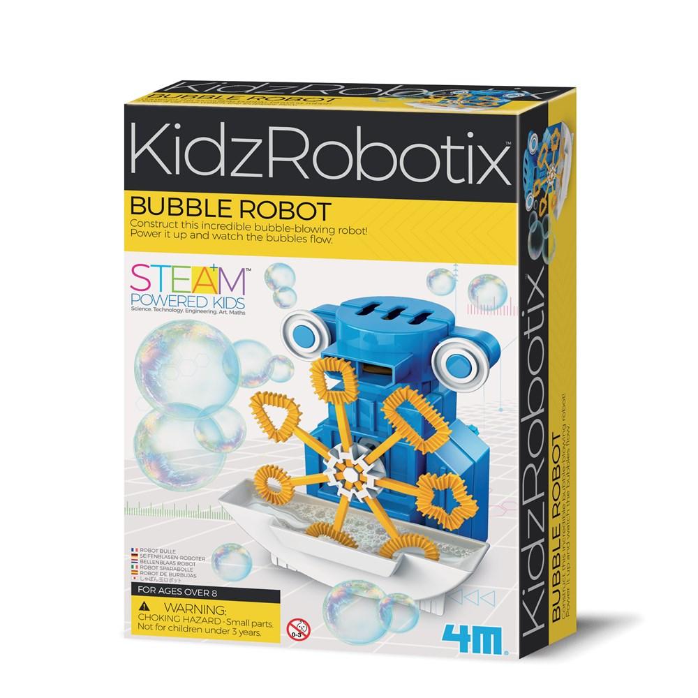 Bubble-blowing robot kit in blue and yellow box