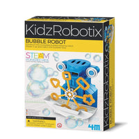 Bubble-blowing robot kit in blue and yellow box