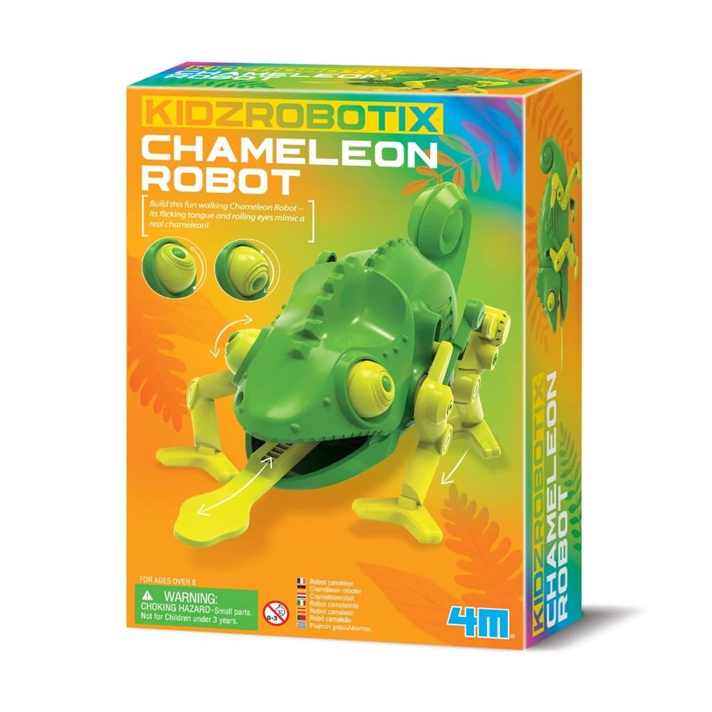 Green chameleon-style robot toy kit in retail box