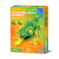Green chameleon-style robot toy kit in retail box