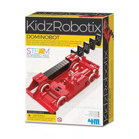 Domino robot build kit box, red track with black dominoes shown on the front