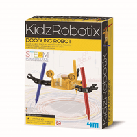 Doodling robot kit box with yellow and black robotic pen mechanism