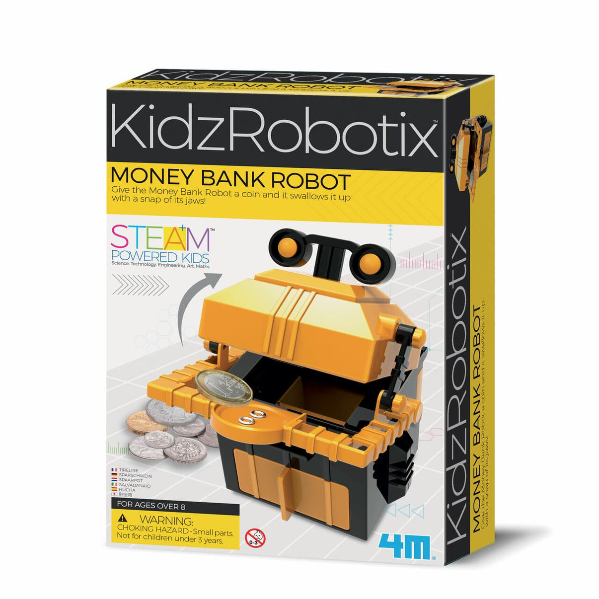 Kids money bank robot STEM kit box, orange and black robot on package front