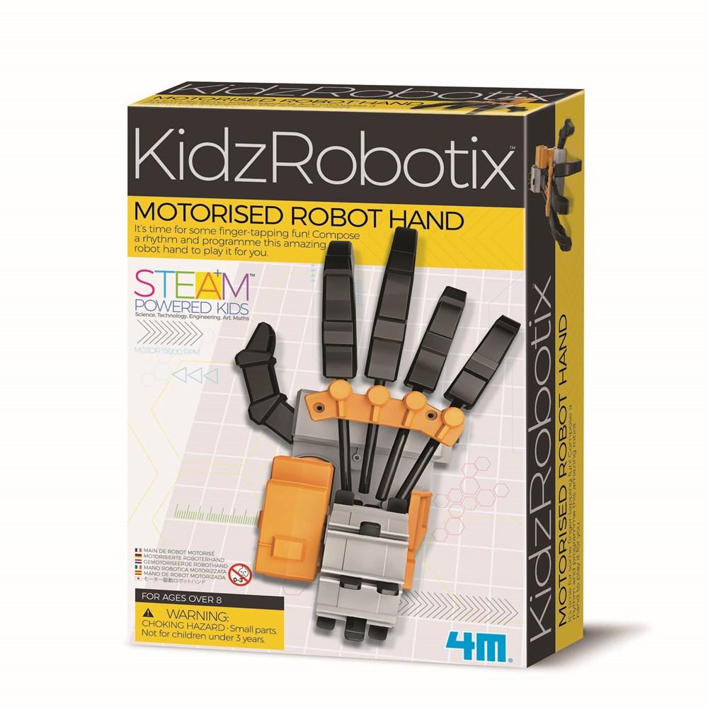 Motorized robot hand kit with orange and gray hand parts in retail box