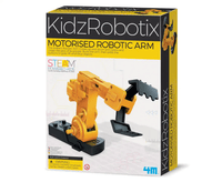 Motorised robotic arm kit in retail box with yellow and black robotic arm