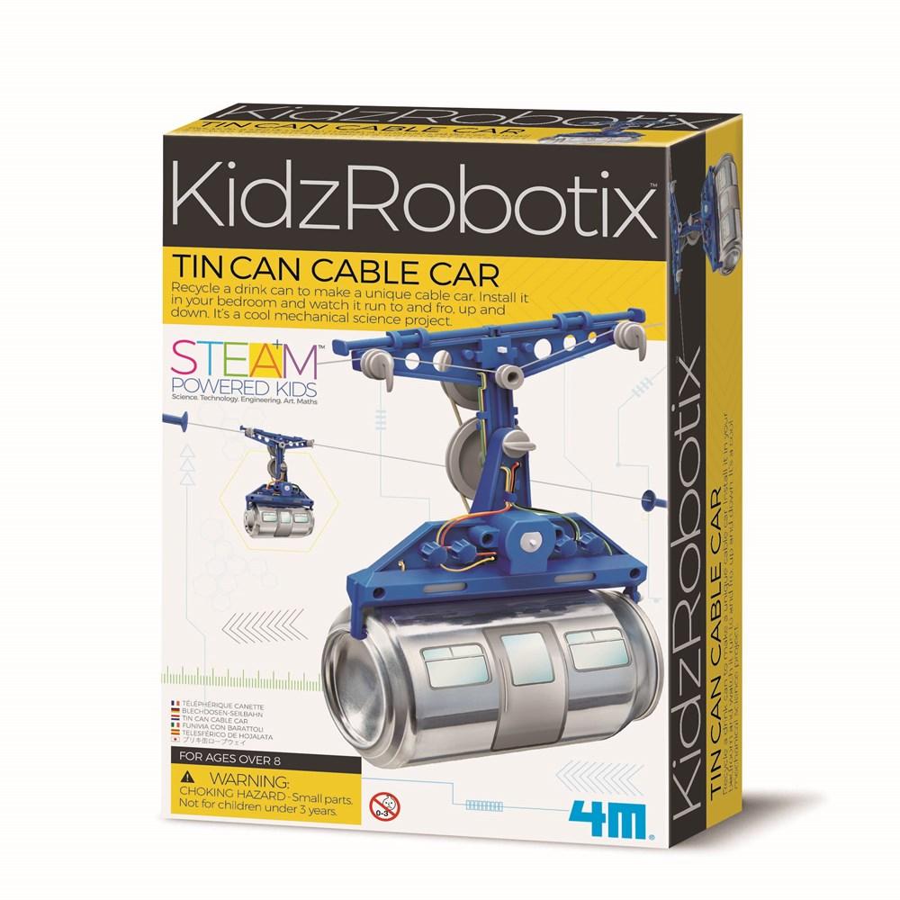 Tin can cable car STEM kit box, showing blue frame and silver cylindrical car