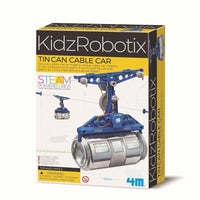 Tin can cable car STEM kit box, showing blue frame and silver cylindrical car