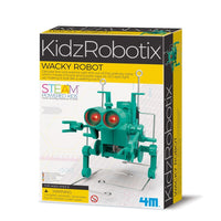 Teal robot-building kit with wobble-walker model in retail box