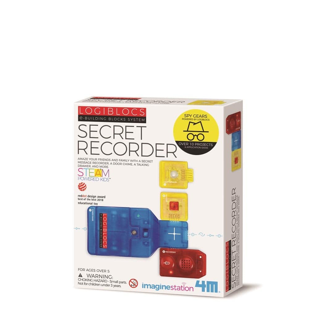 Secret recorder kit box showing blue, yellow, and red recorder parts