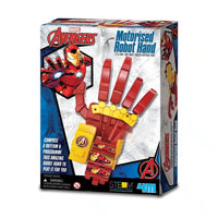 Avengers motorised robot hand kit on retail box, red and yellow mechanical hand