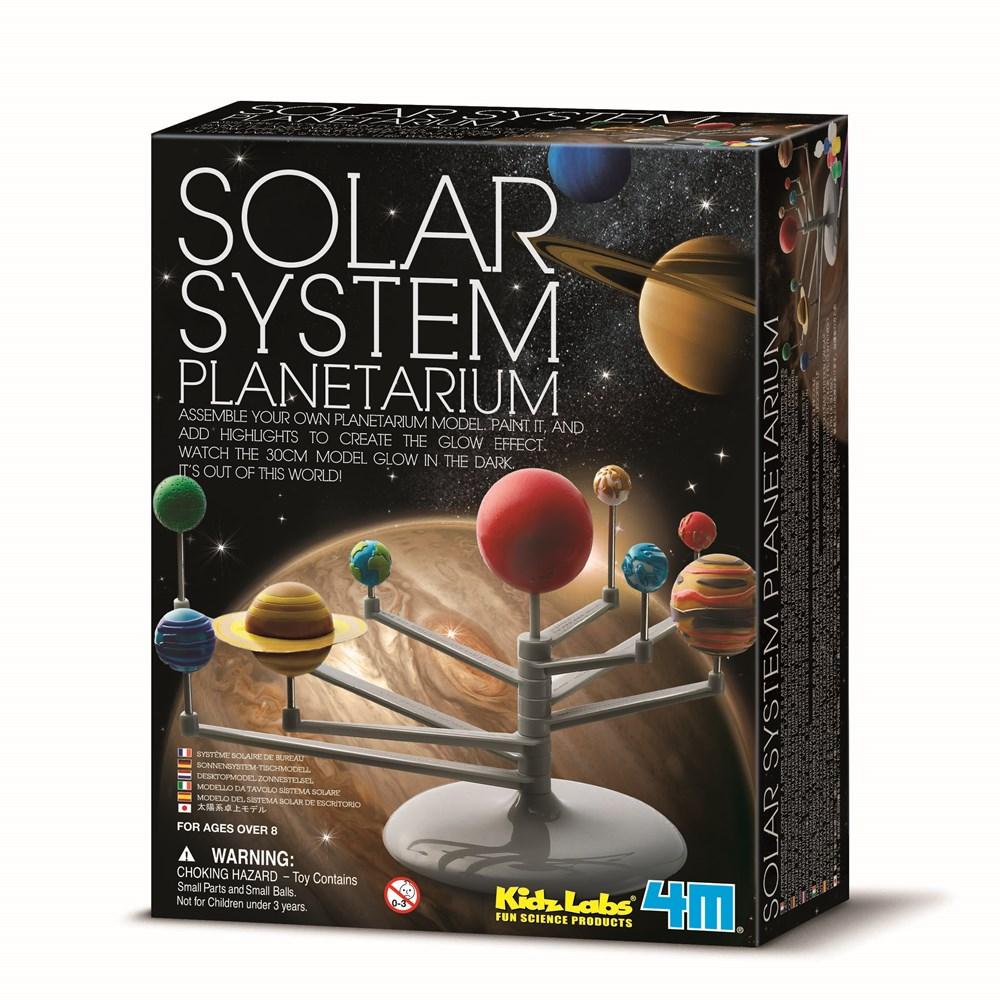 Solar system planetarium model toy kit in black box with planets on stand illustration