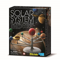 Solar system planetarium model toy kit in black box with planets on stand illustration