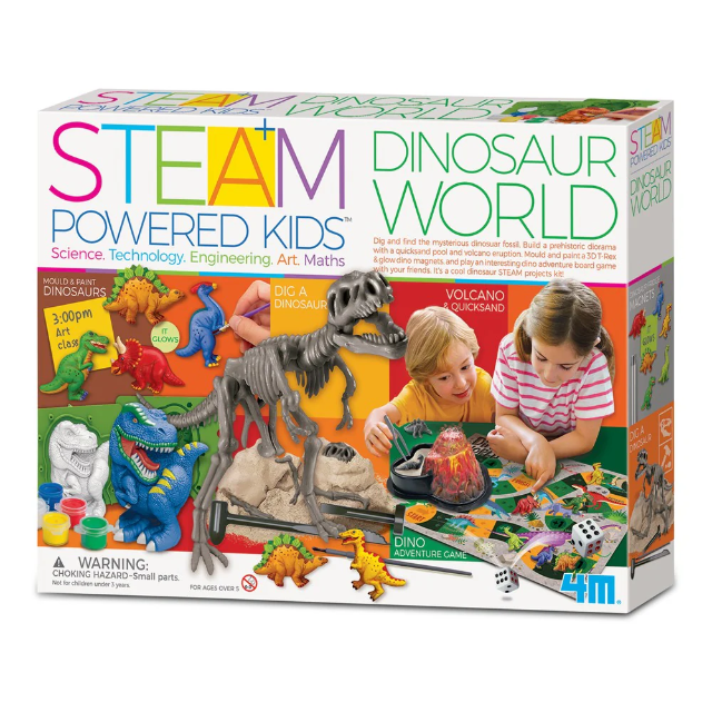 Dinosaur STEM steam powered kids kit box with molded dinosaur figures and play set
