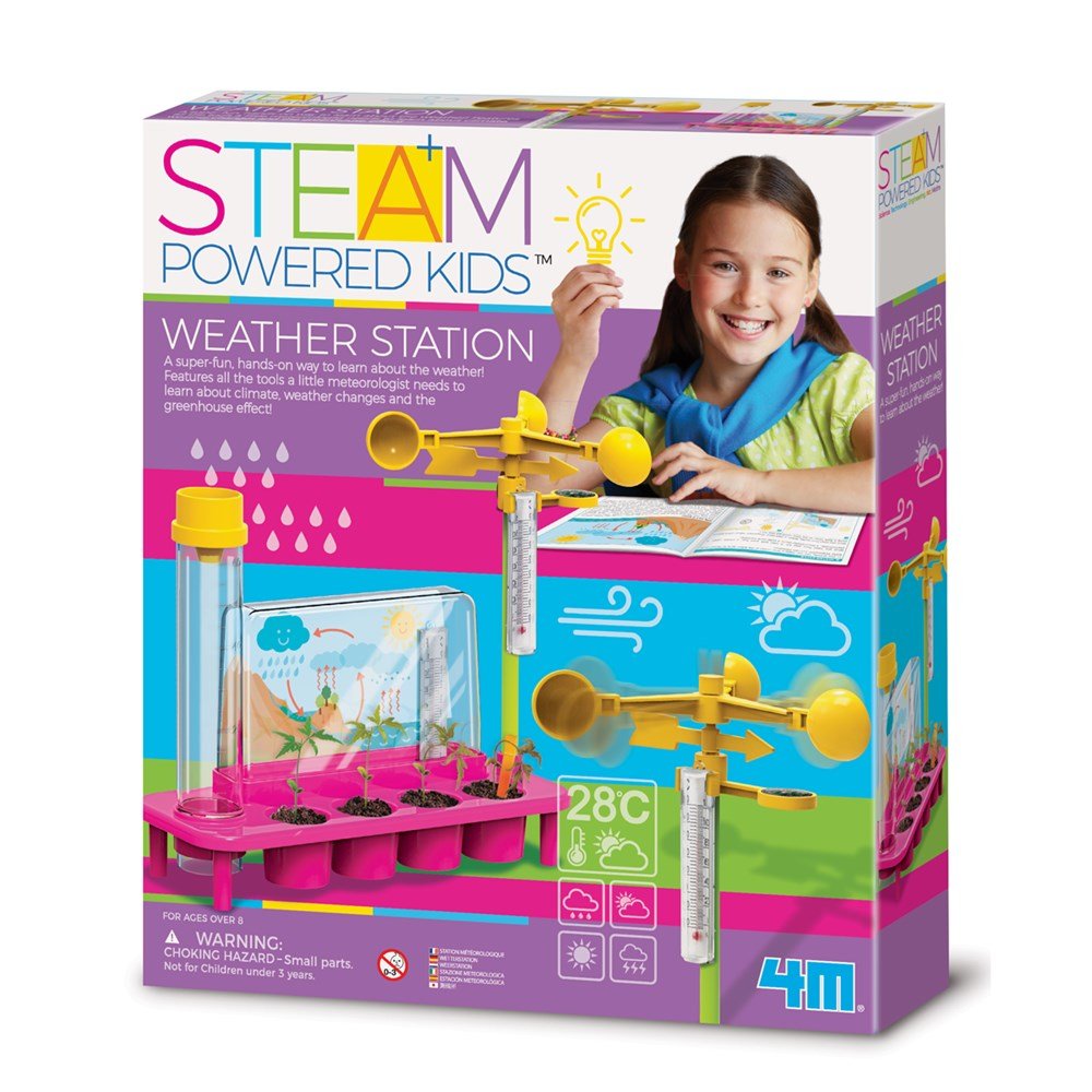 Steam-powered weather station kit box with girl holding station