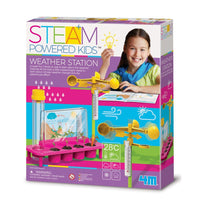 Steam-powered weather station kit box with girl holding station