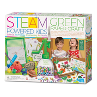 Steam-powered kids paper craft kit box with green theme and colorful illustrations.