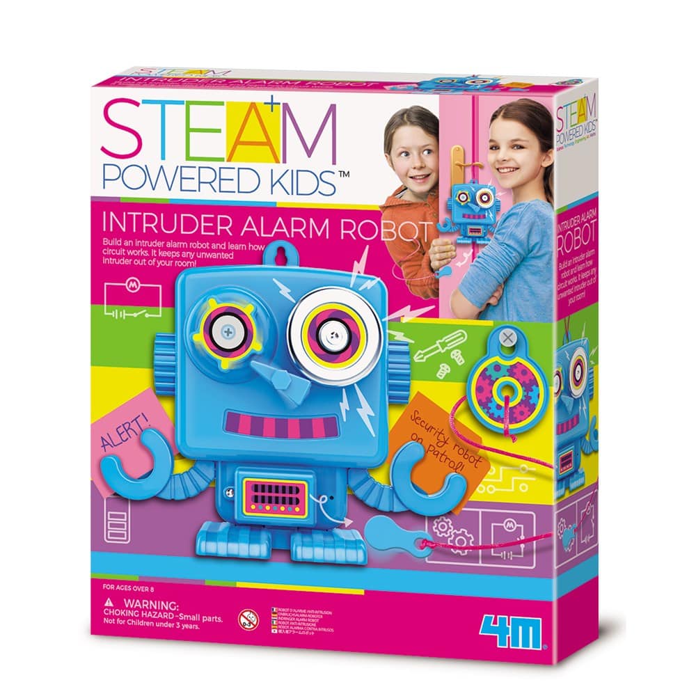 Toy intruder alarm robot kit box with blue steam-powered robot artwork
