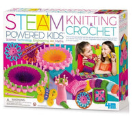 Steam-powered kids knitting and crochet kit in retail box, colorful yarn and tools shown